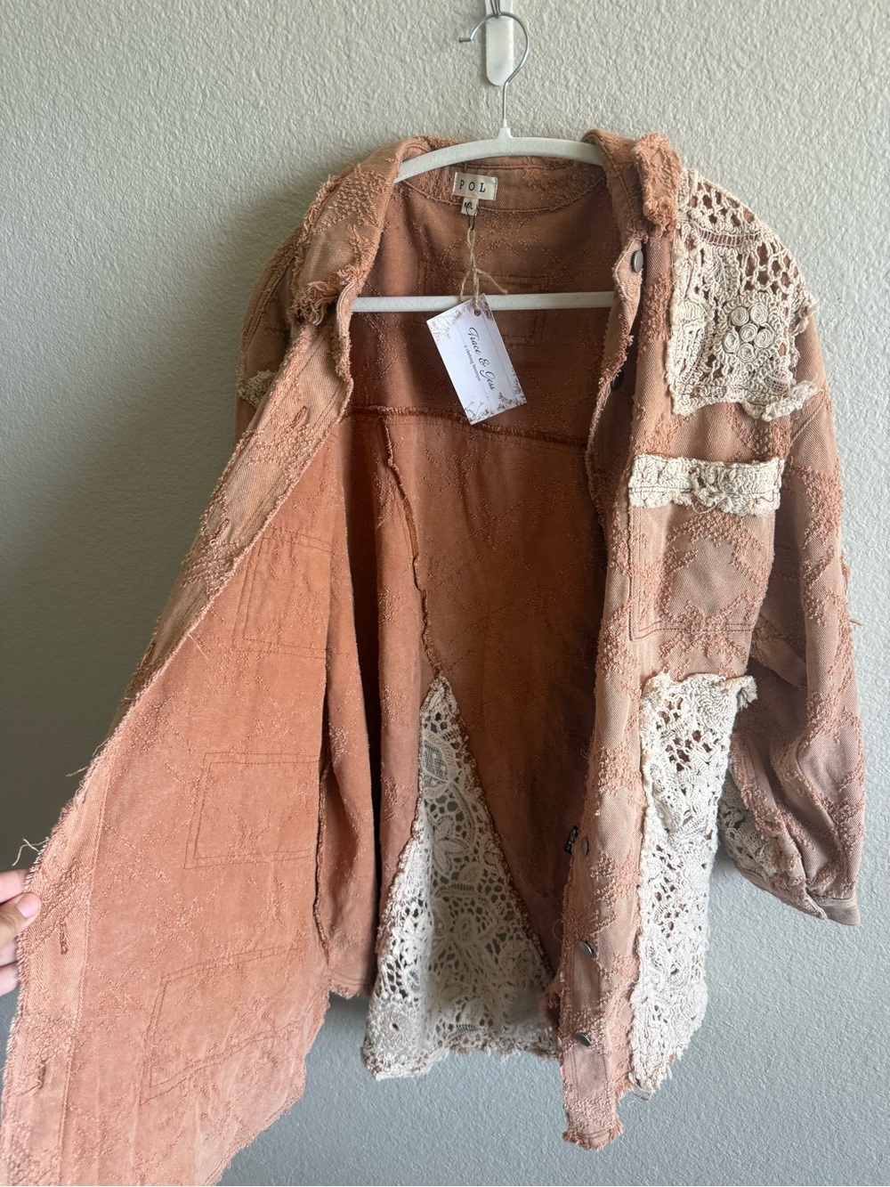 NWT POL Dusty Rose Lace Overlay Shirt Jacket Shacket Boho Crochet Fall Size M/L - Picture 6 of 9